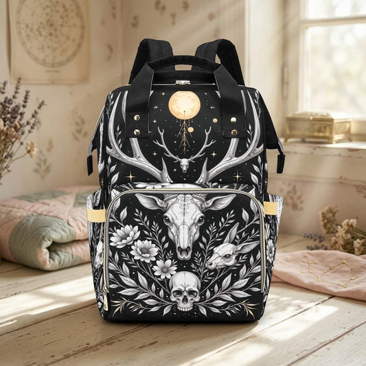 Gothic Diaper Backpack, Deer Skull Baby Bag, Celestial Mom Backpack