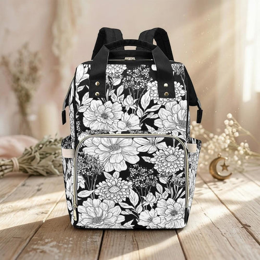 Black White Floral Backpack, Cottagecore Diaper Bag, Botanical School Satchel, Witty Mom Bag