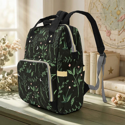 Diaper Backpack with Moon Floral Print, Baby Travel Bag, Mom Backpack