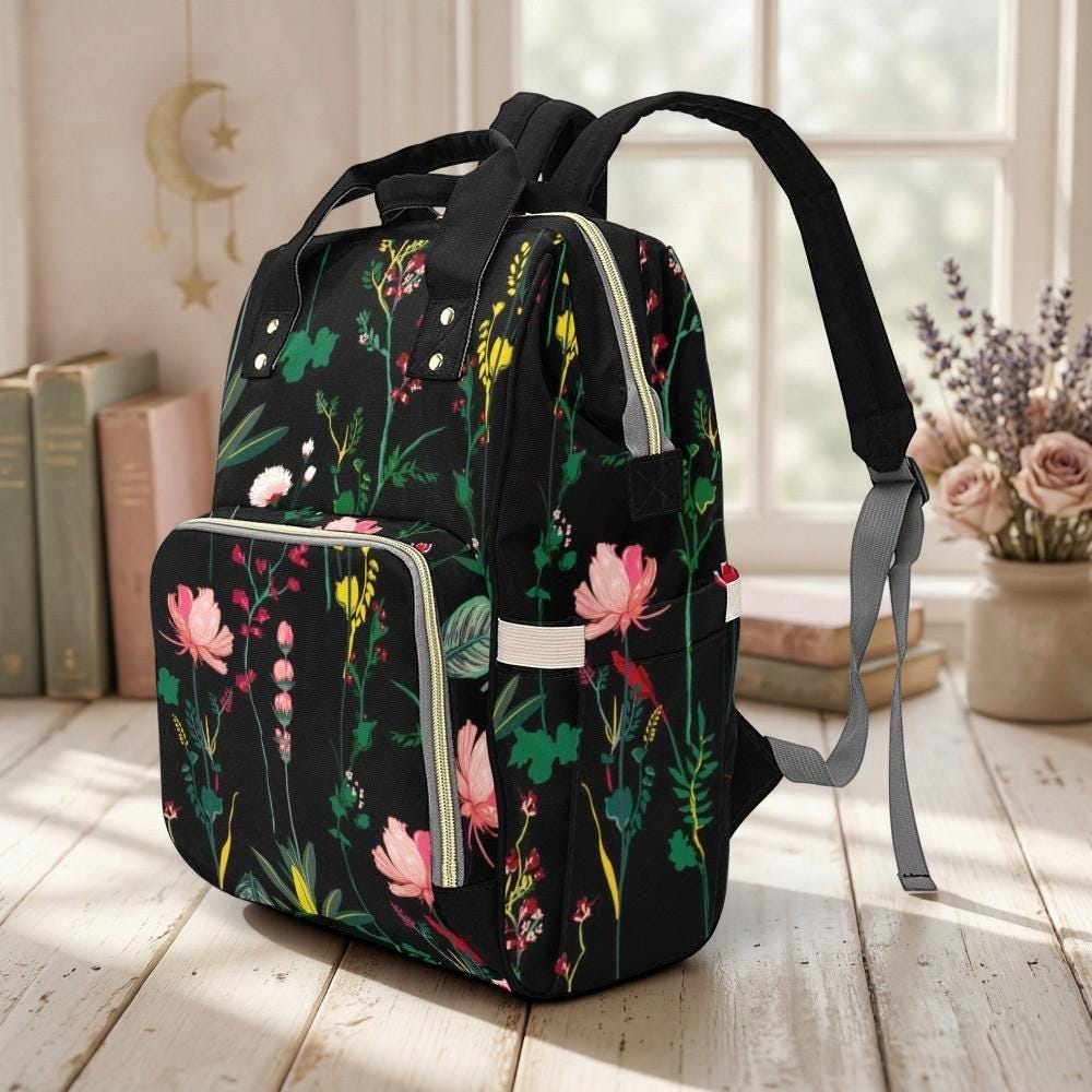 Floral Diaper Bag Backpack, Black Baby Travel Bag, Mom Backpack