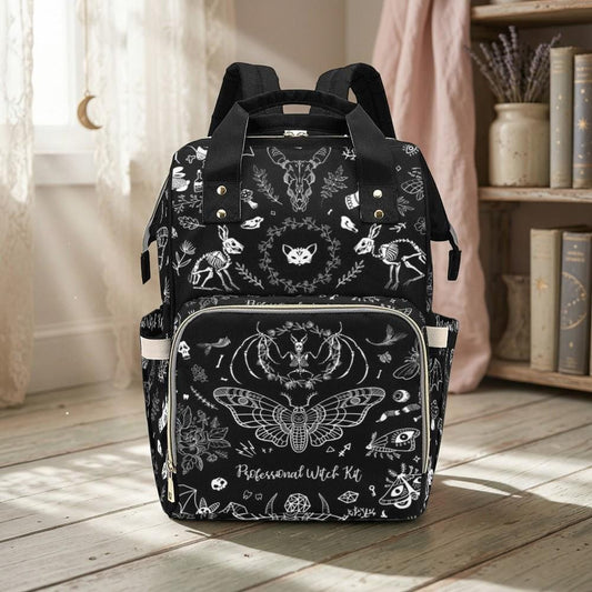 Black Witchy Diaper Bag Backpack, Gothic Moth and Bone Print Baby Bag, Spooky Cute Mom Organizer