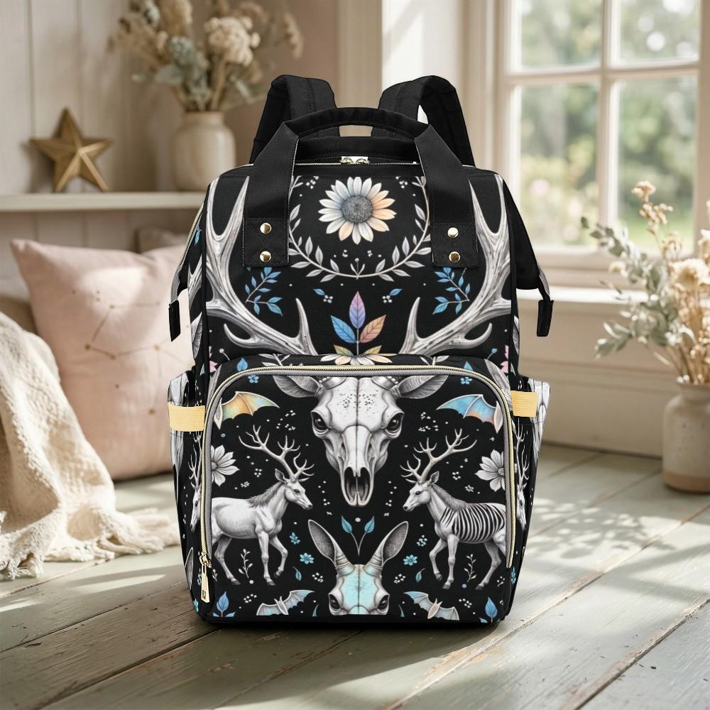 Gothic Deer Skull Backpack Witchy Floral Diaper Bag Dark Forest Antler Pagan Mom Travel Spooky Pack