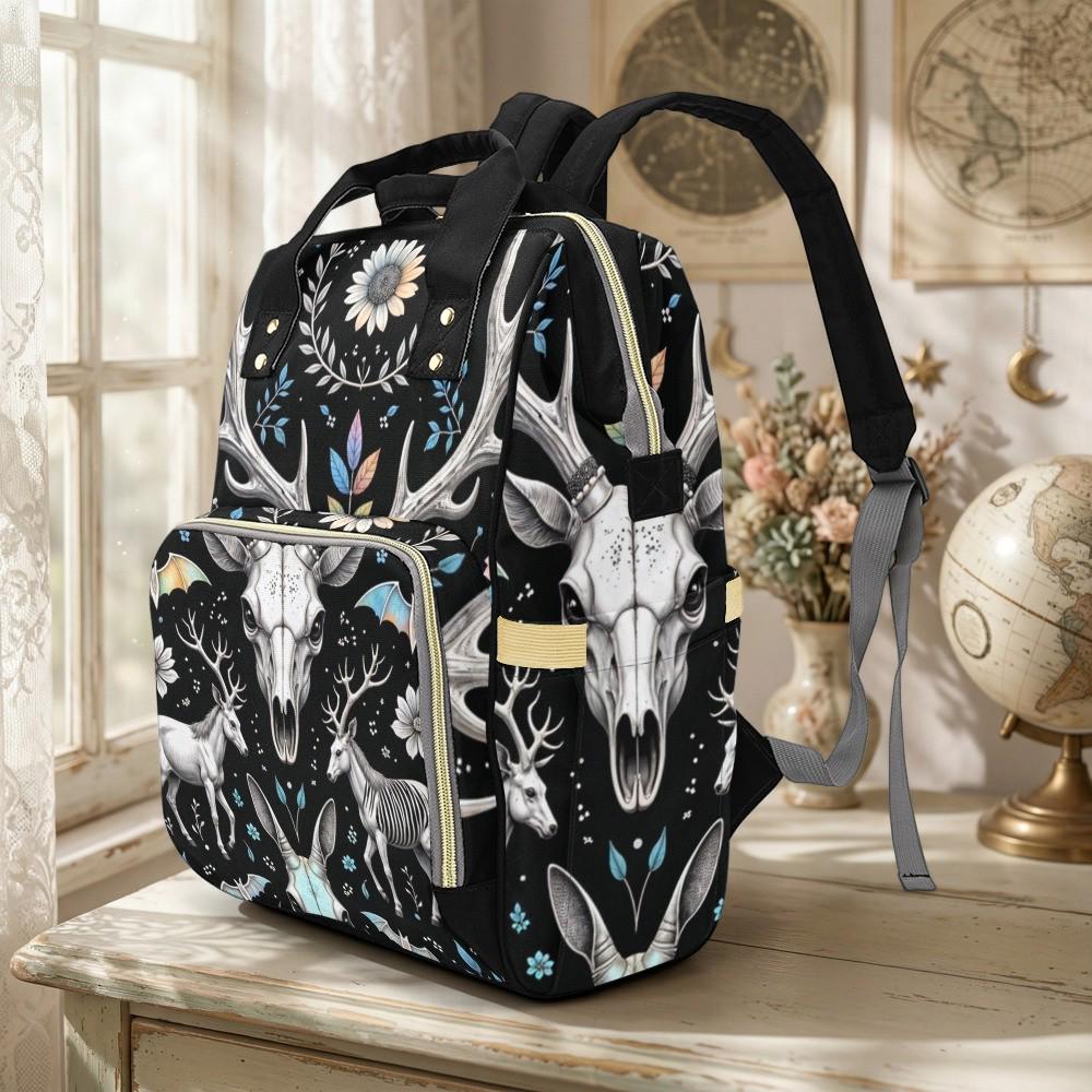 Gothic Deer Skull Backpack Witchy Floral Diaper Bag Dark Forest Antler Pagan Mom Travel Spooky Pack