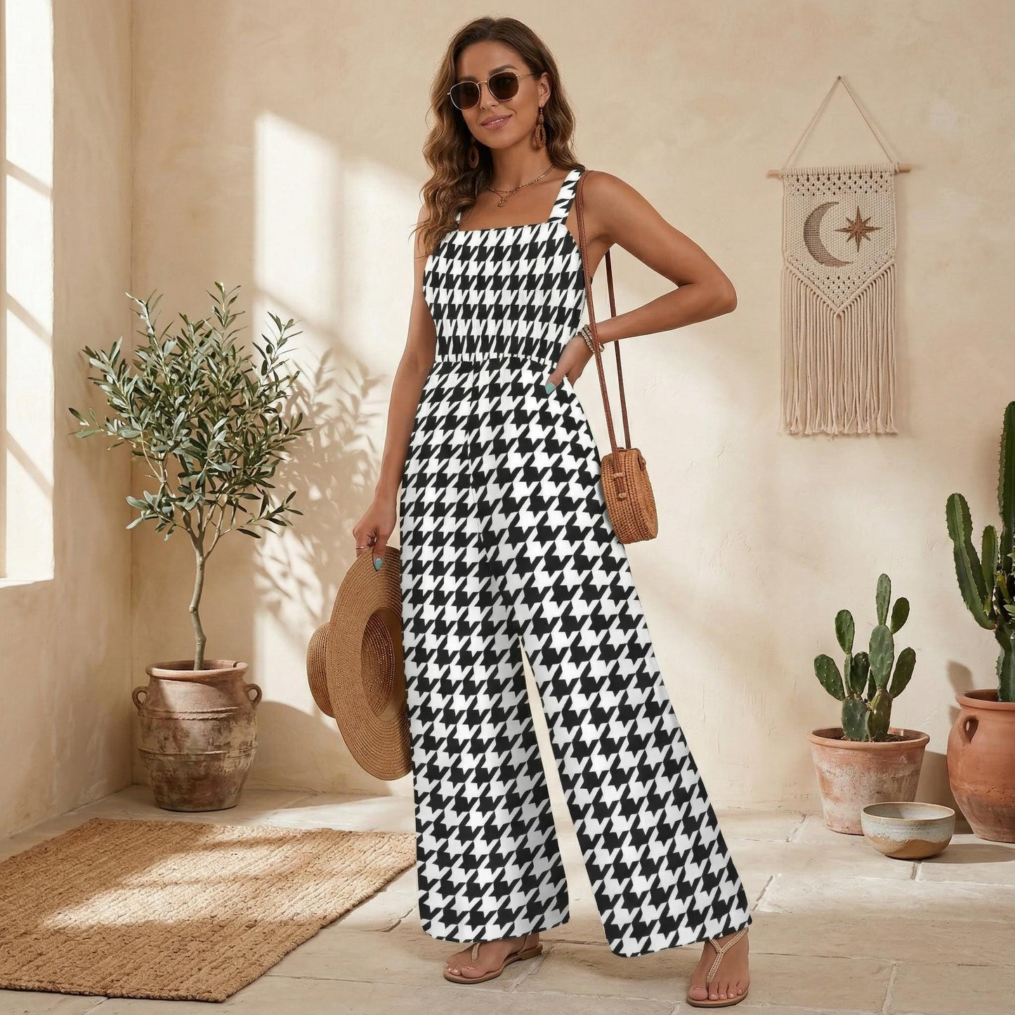 Black White Houndstooth Jumpsuit, Wide Leg Summer Overalls, Chic Resort Outfit for Women