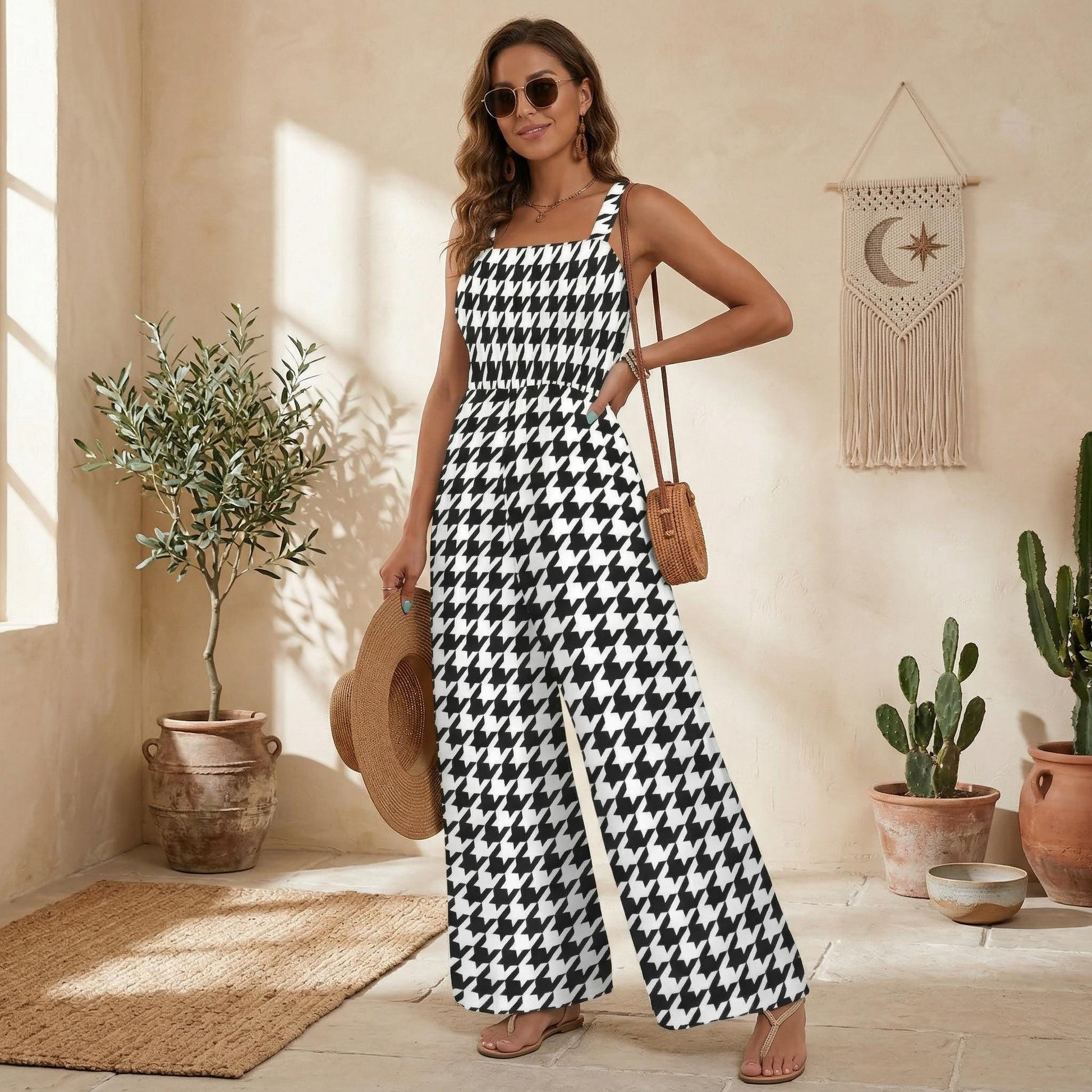 Black White Houndstooth Jumpsuit, Wide Leg Summer Overalls, Chic Resort Outfit for Women