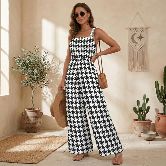 Black White Houndstooth Jumpsuit, Wide Leg Summer Overalls, Chic Resort Outfit for Women