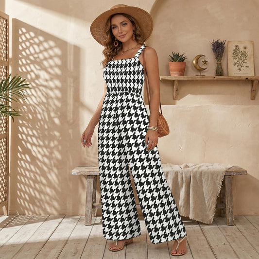 Black White Houndstooth Jumpsuit, Wide Leg Summer Overalls, Chic Resort Outfit for Women
