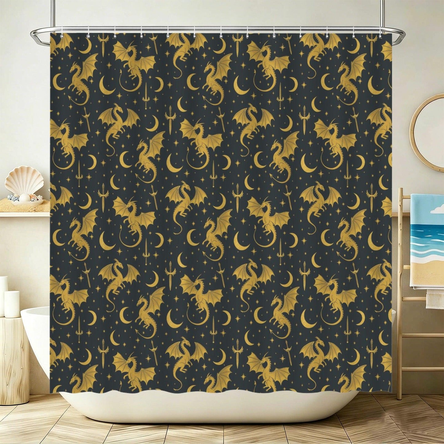 Gold Dragon Celestial Shower Curtain, Moon Star Sword Print Bathroom Decor