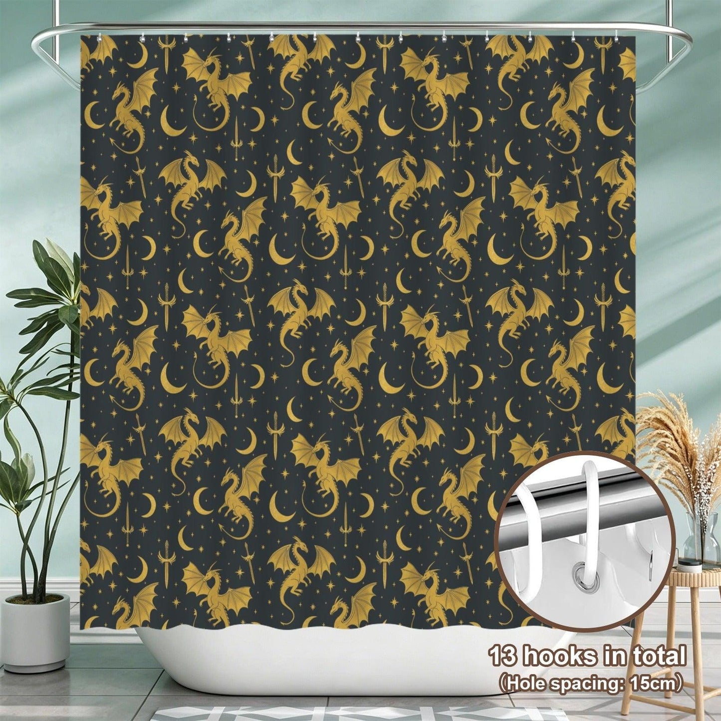 Gold Dragon Celestial Shower Curtain, Moon Star Sword Print Bathroom Decor