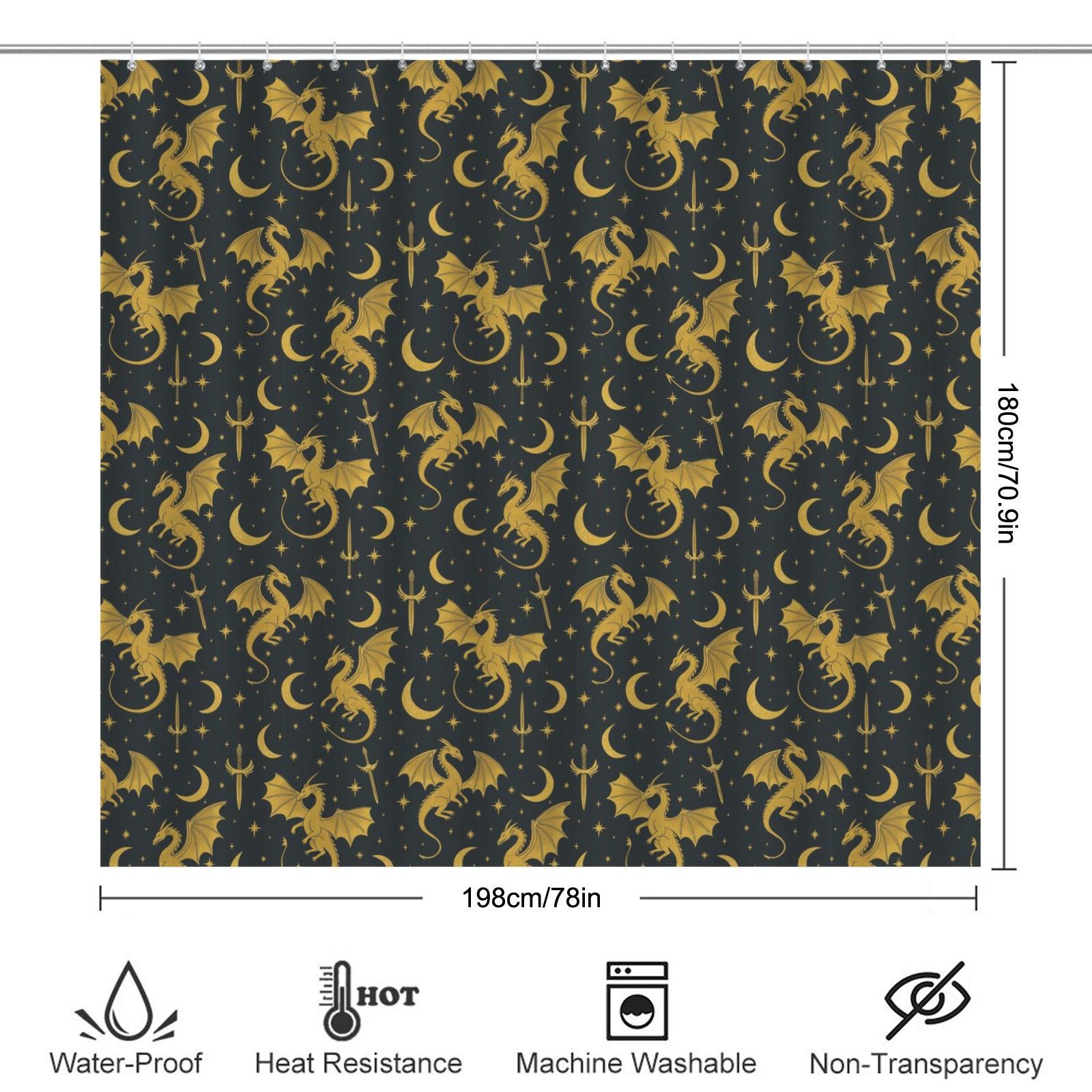 Gold Dragon Celestial Shower Curtain, Moon Star Sword Print Bathroom Decor