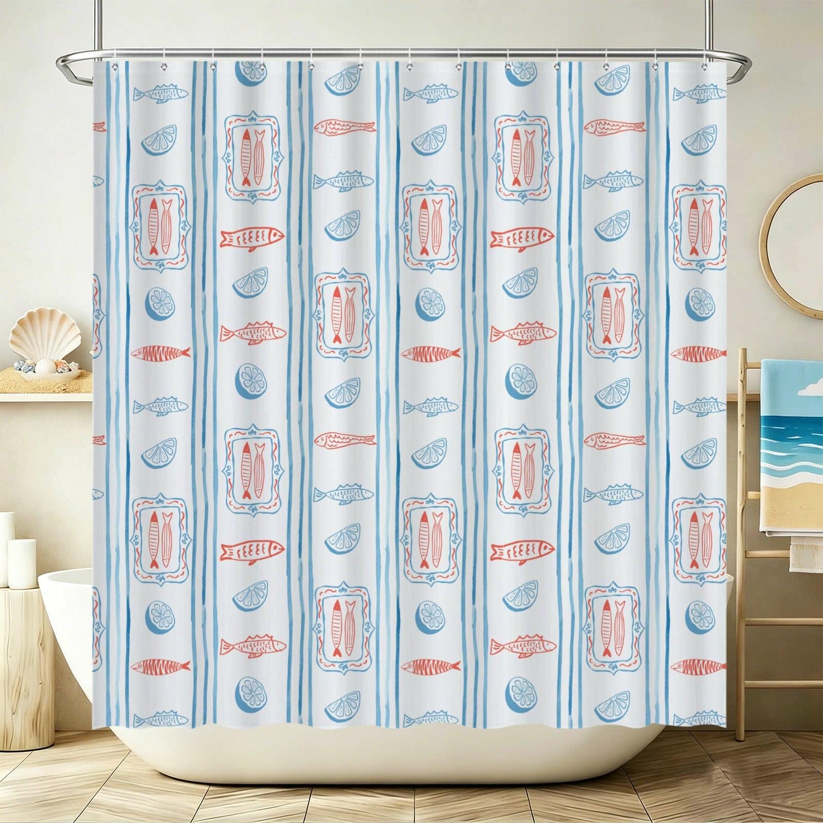 Mediterranean Fish Shower Curtain, Blue Stripe Lemon Bathroom Decor, Coastal Bath Panel