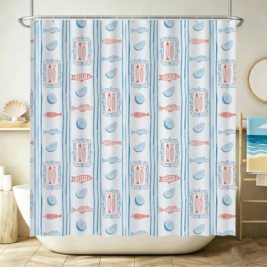 Mediterranean Fish Shower Curtain, Blue Stripe Lemon Bathroom Decor, Coastal Bath Panel