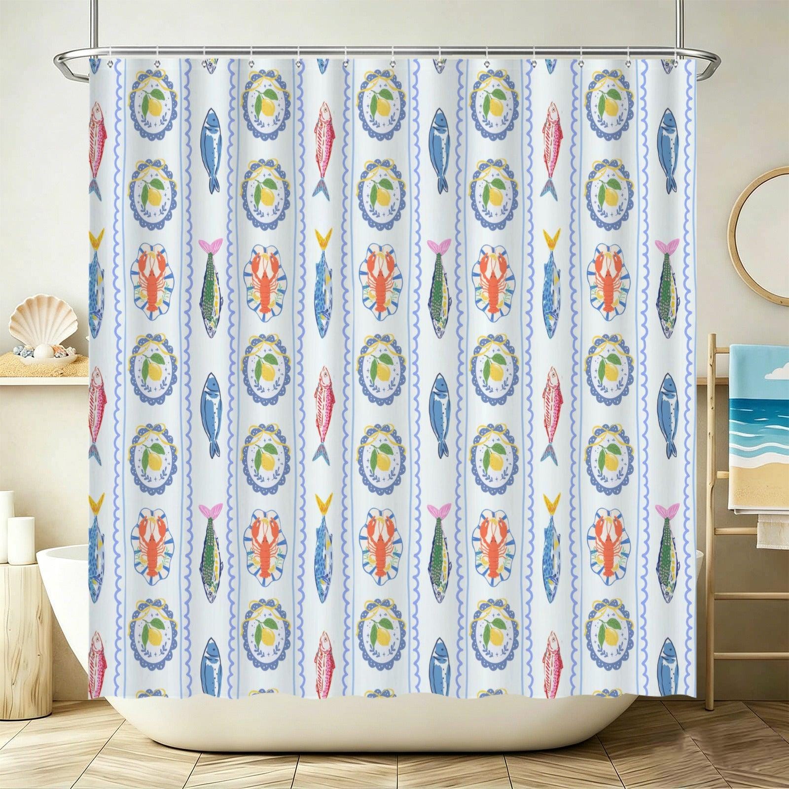 Lemon Lobster Shower Curtain, Italian Riviera Coastal Maximalist Bathroom Decor