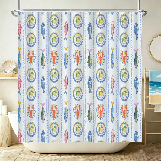 Lemon Lobster Shower Curtain, Italian Riviera Coastal Maximalist Bathroom Decor
