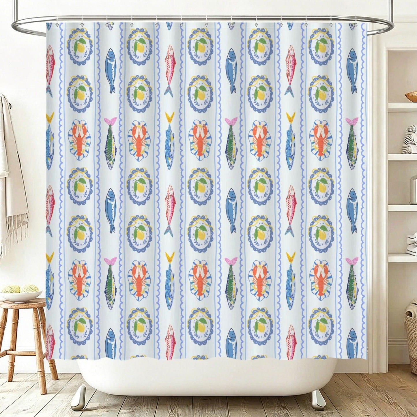 Lemon Lobster Shower Curtain, Italian Riviera Coastal Maximalist Bathroom Decor