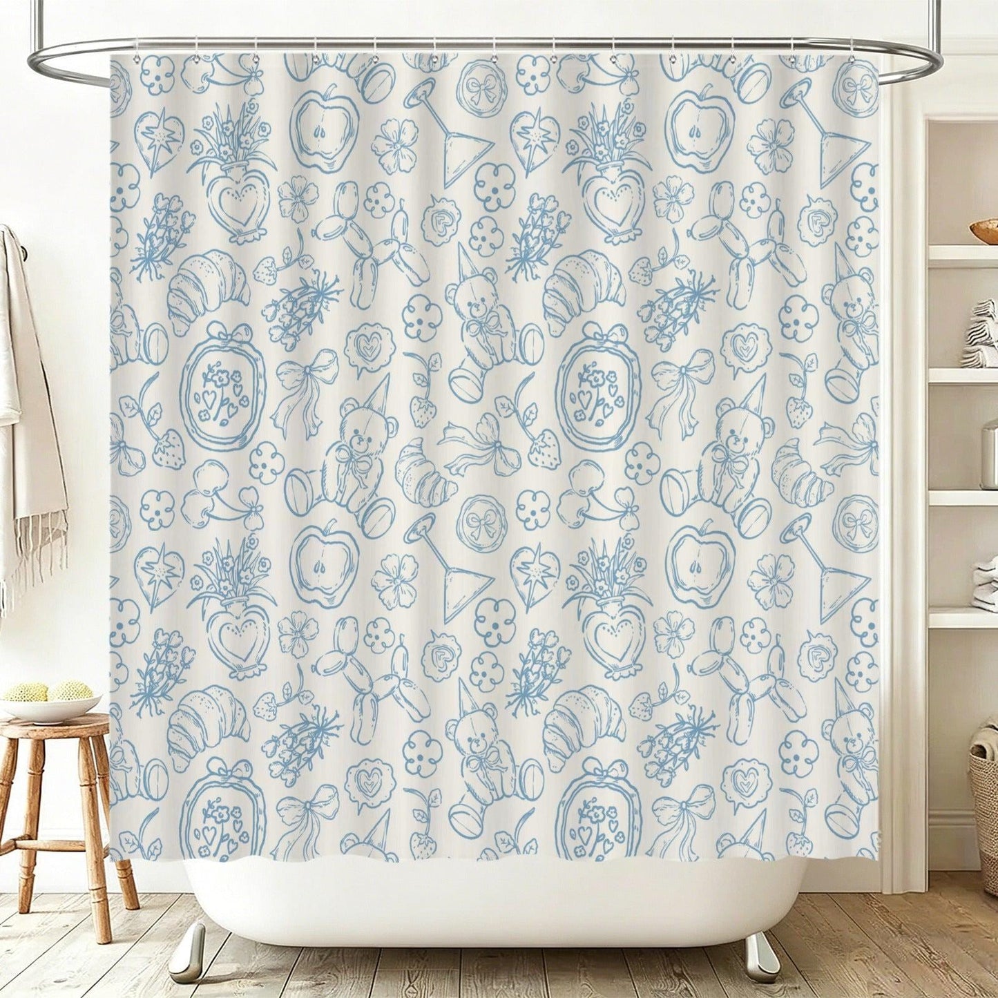 Blue Doodle Shower Curtain, Whimsical Line Art, Cottagecore Bath Decor