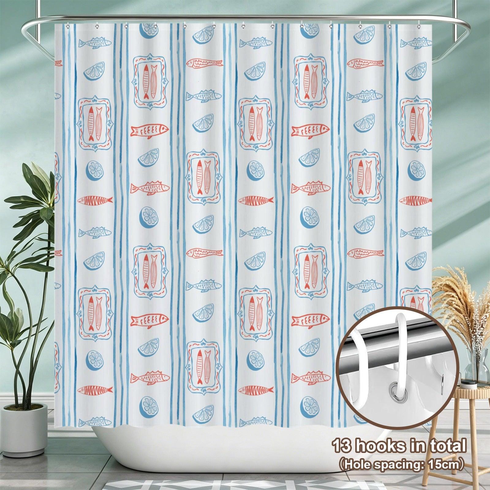 Mediterranean Fish Shower Curtain, Blue Stripe Lemon Bathroom Decor, Coastal Bath Panel
