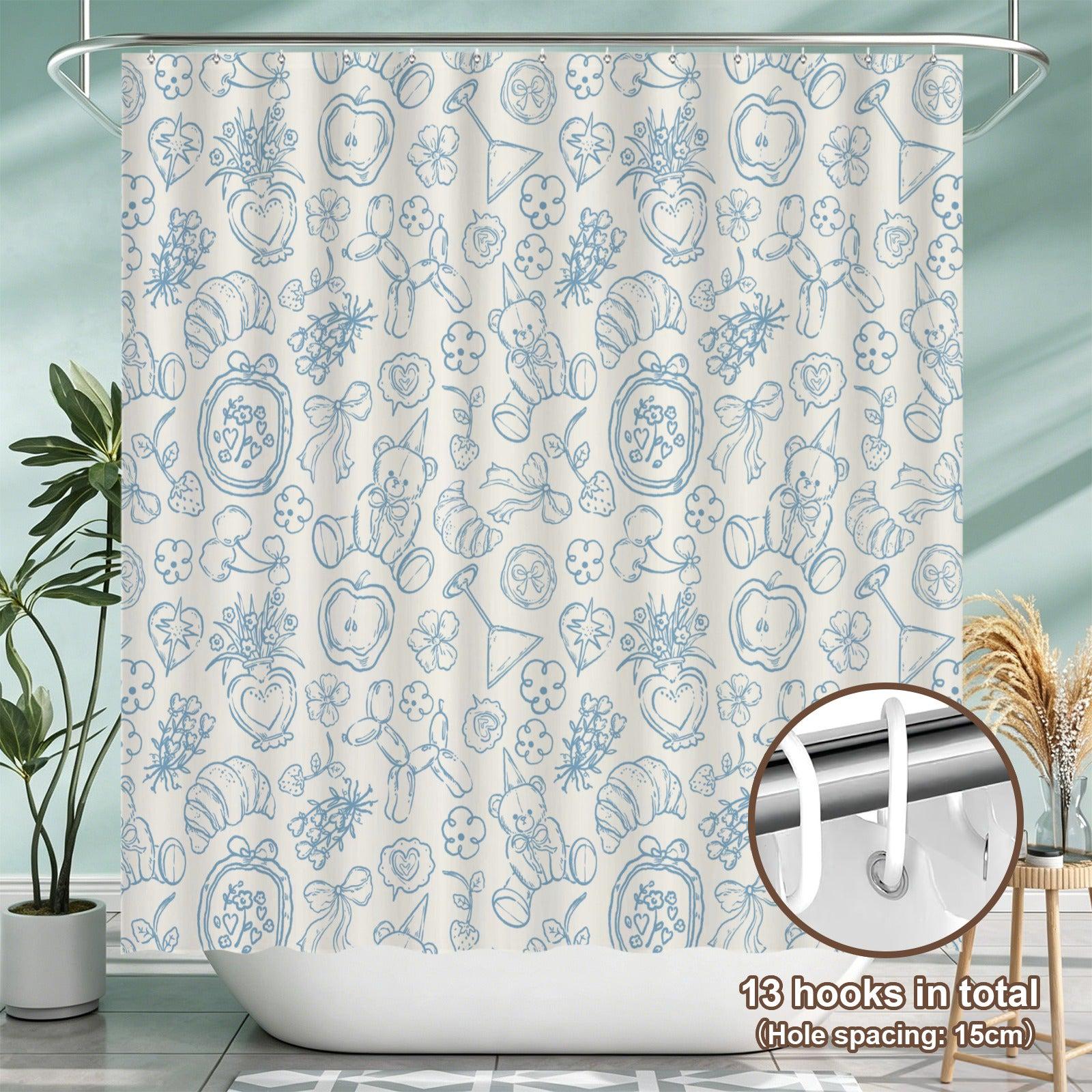 Blue Doodle Shower Curtain, Whimsical Line Art, Cottagecore Bath Decor