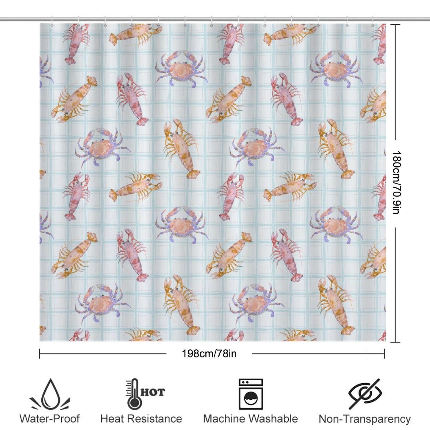 Lobster Crab Shower Curtain, Watercolor Shellfish Bath Decor, Coastal Blue Plaid Bathroom Accent