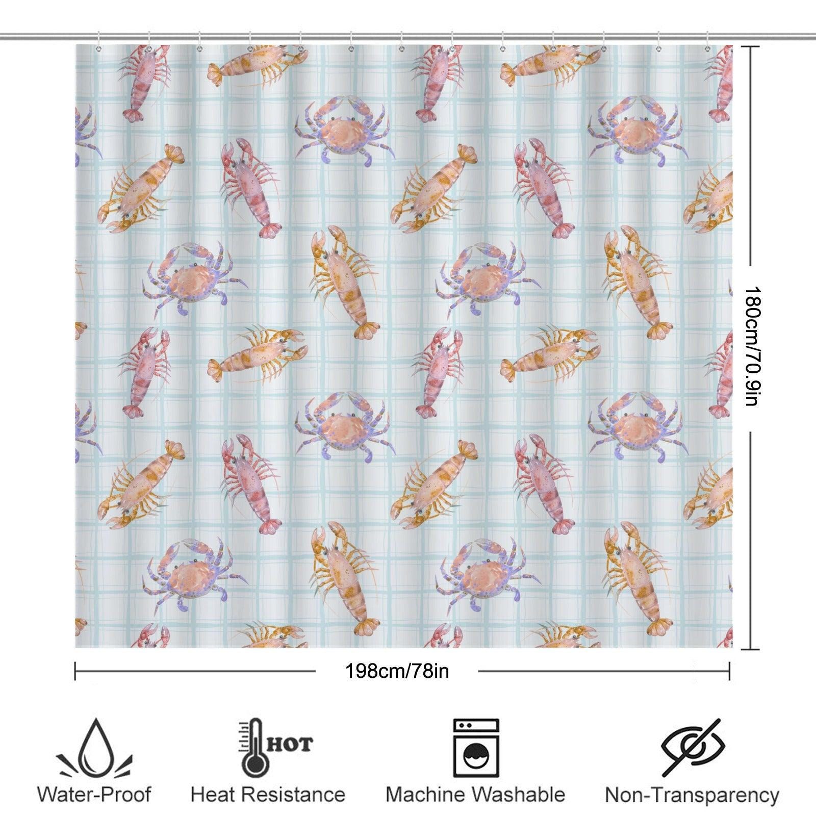 Lobster Crab Shower Curtain, Watercolor Shellfish Bath Decor, Coastal Blue Plaid Bathroom Accent