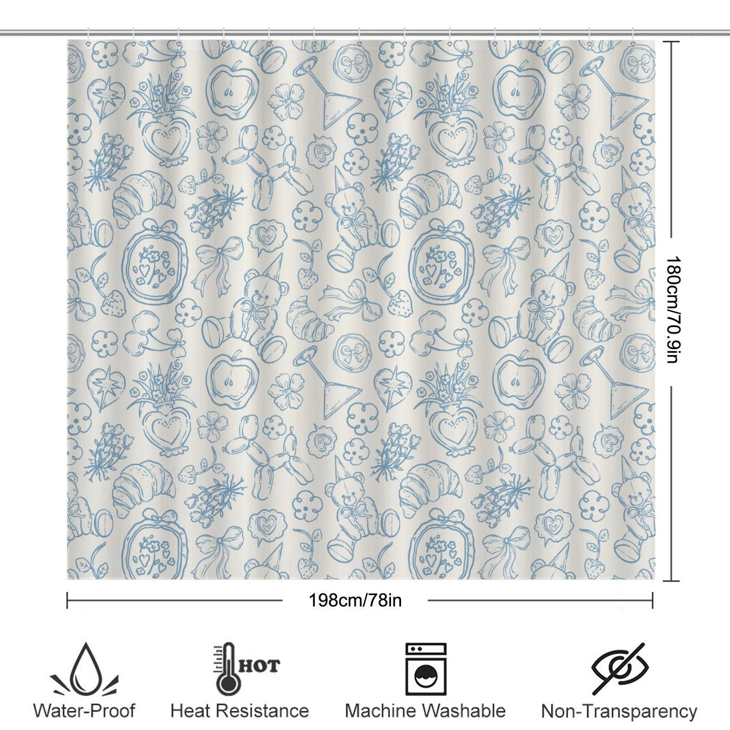 Blue Doodle Shower Curtain, Whimsical Line Art, Cottagecore Bath Decor