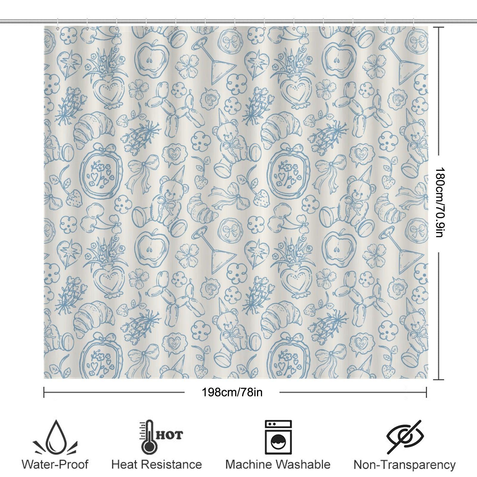 Blue Doodle Shower Curtain, Whimsical Line Art, Cottagecore Bath Decor