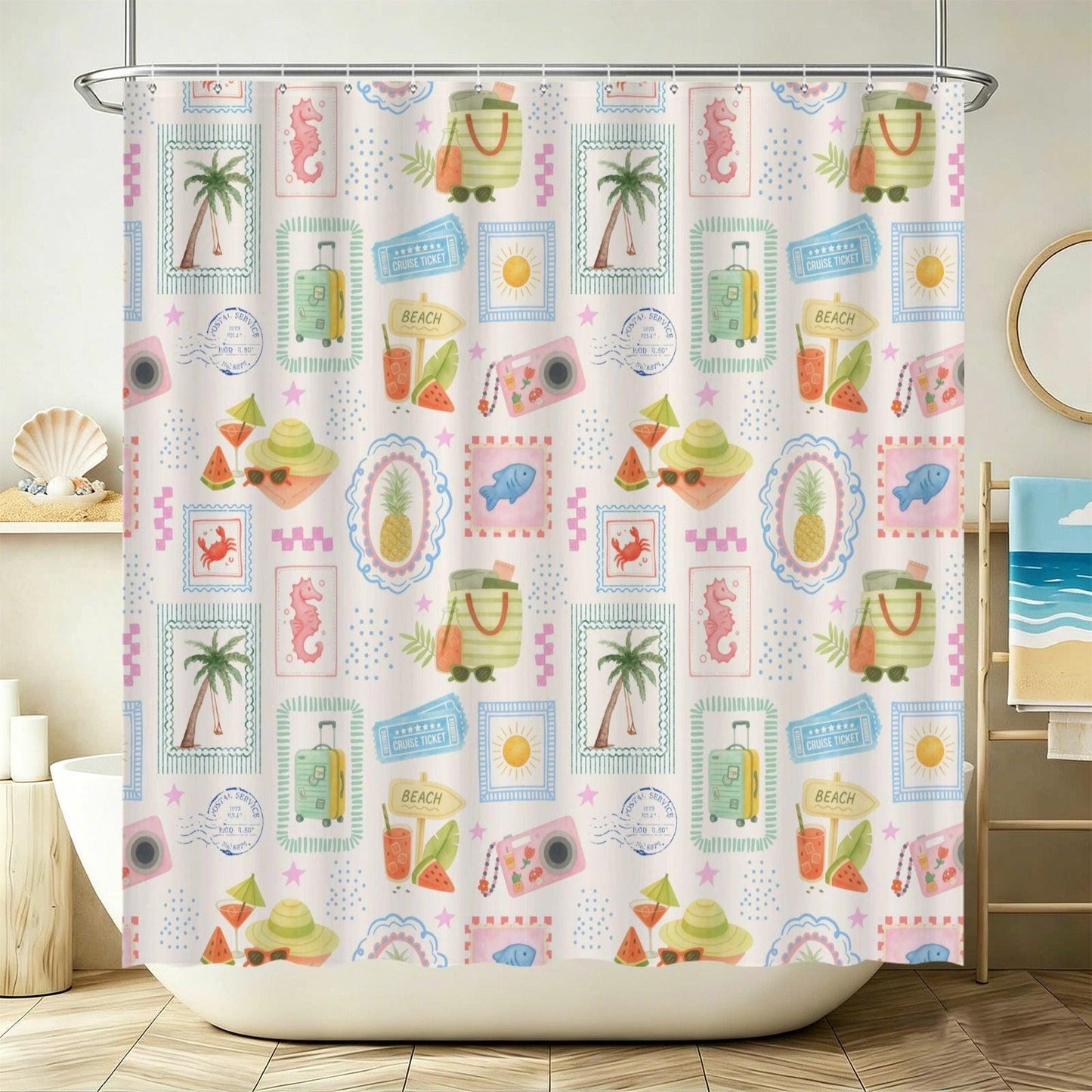 Tropical Vacation Shower Curtain, Beach Scrapbook Print, Palm Tree Cruise Decor