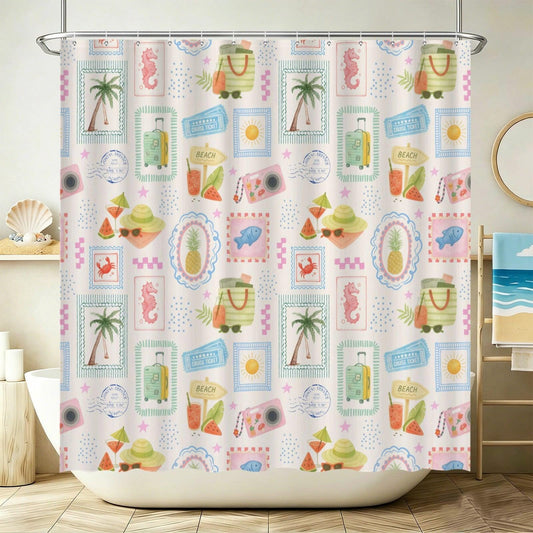 Tropical Vacation Shower Curtain, Beach Scrapbook Print, Palm Tree Cruise Decor