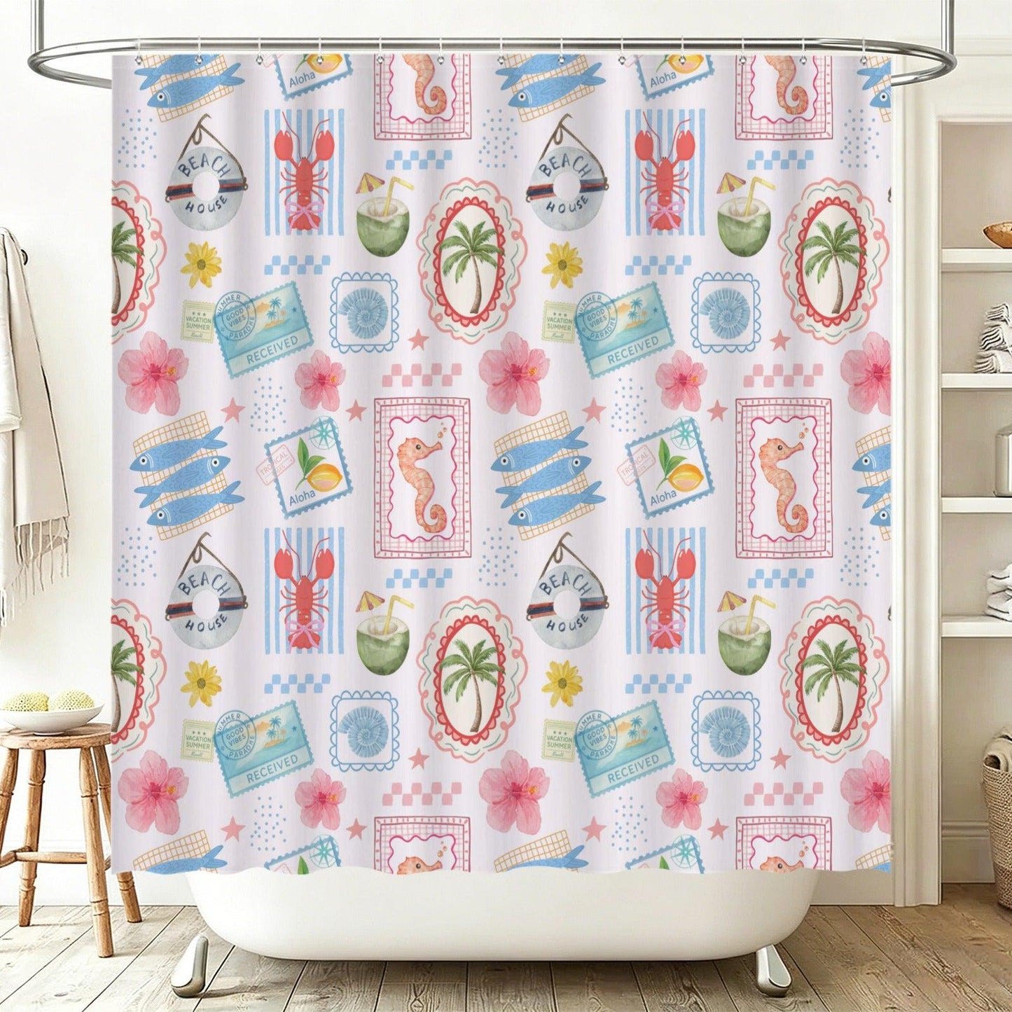 Tropical Beach Shower Curtain, Coastal Vacation Bathroom Decor With Lobster Palm Seahorse, Summer Surf House Bath Curtain