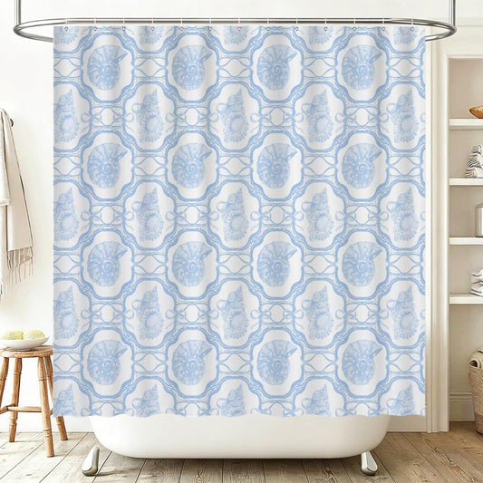 Blue Seashell Shower Curtain, Coastal Lattice Bathroom Decor, Bow Pattern Bath Curtain