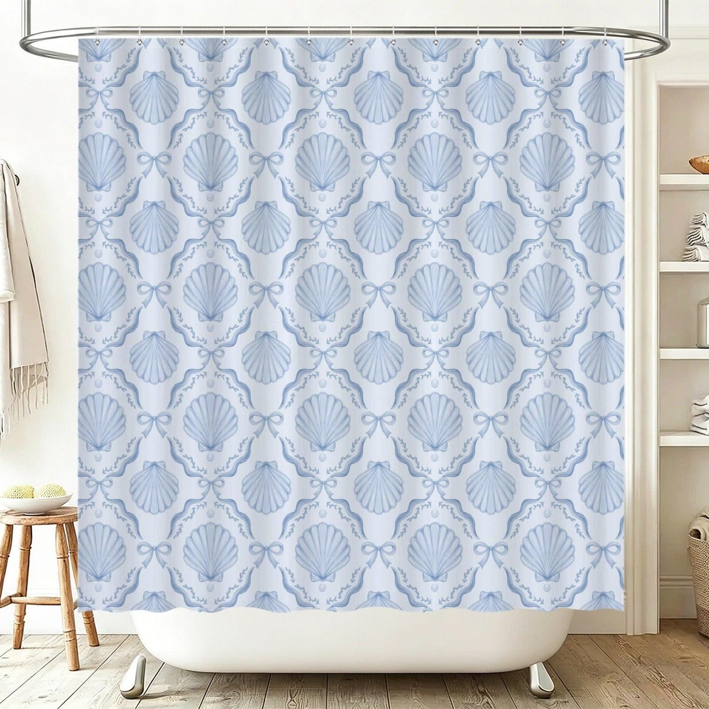 Coastal Seashell Shower Curtain, Blue Bow Bathroom Decor, Beach Cottage Bath Curtain