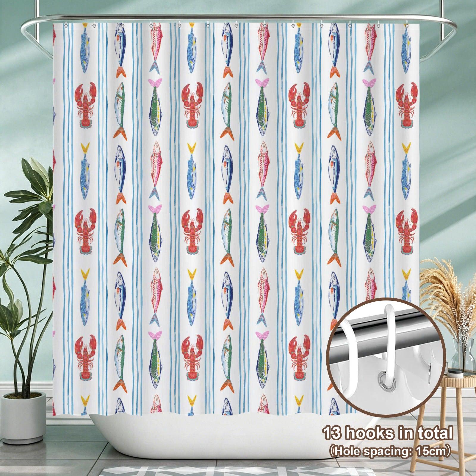 Coastal Fish Shower Curtain, Watercolor Seafood Bathroom Decor, Nautical Stripe Ocean Bath Accent