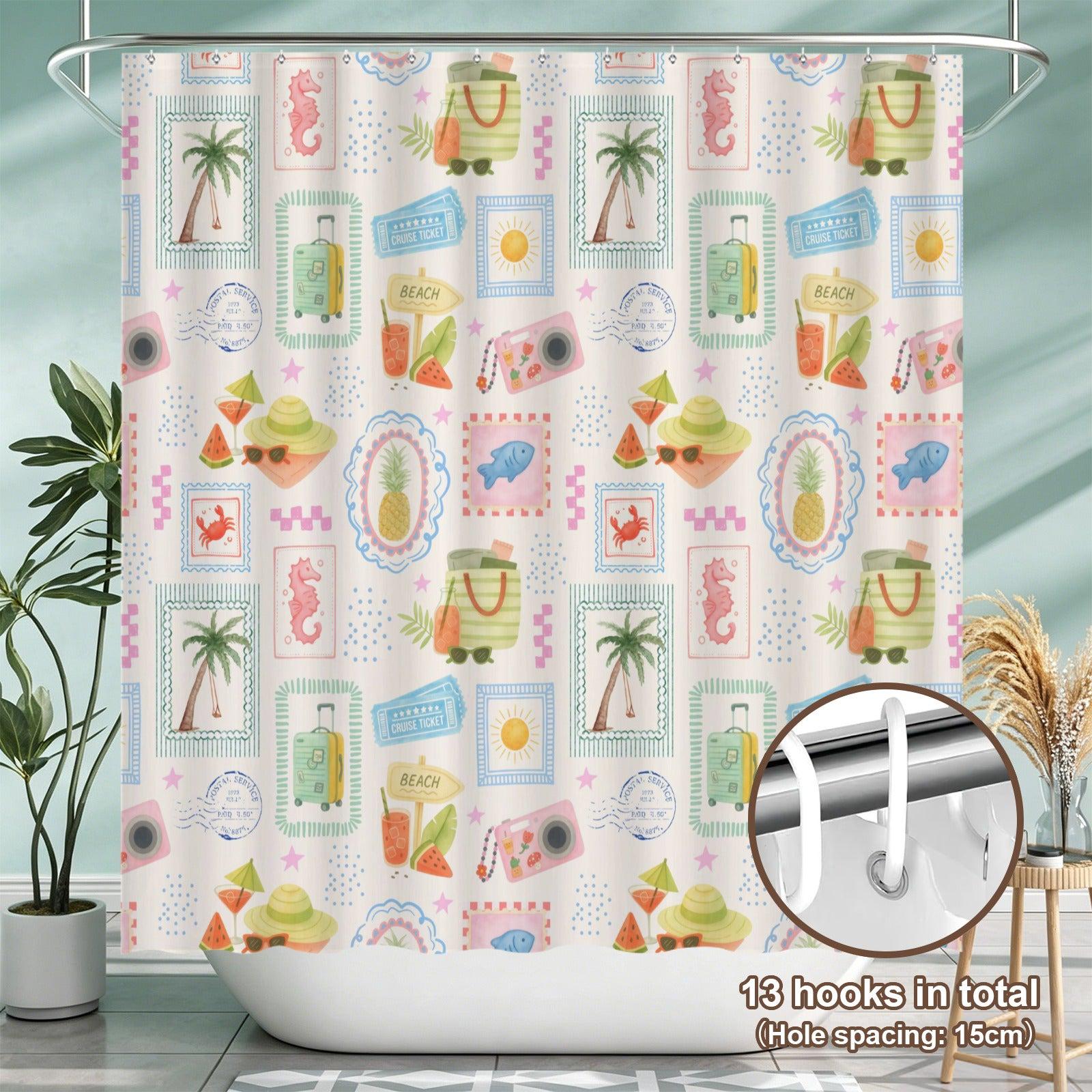 Tropical Vacation Shower Curtain, Beach Scrapbook Print, Palm Tree Cruise Decor