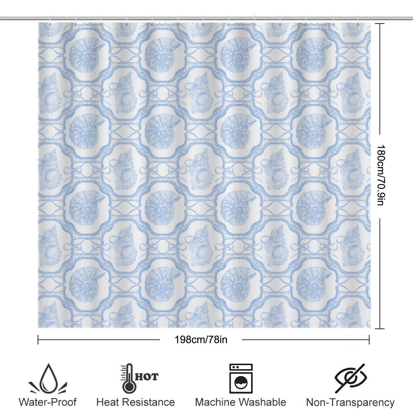 Blue Seashell Shower Curtain, Coastal Lattice Bathroom Decor, Bow Pattern Bath Curtain