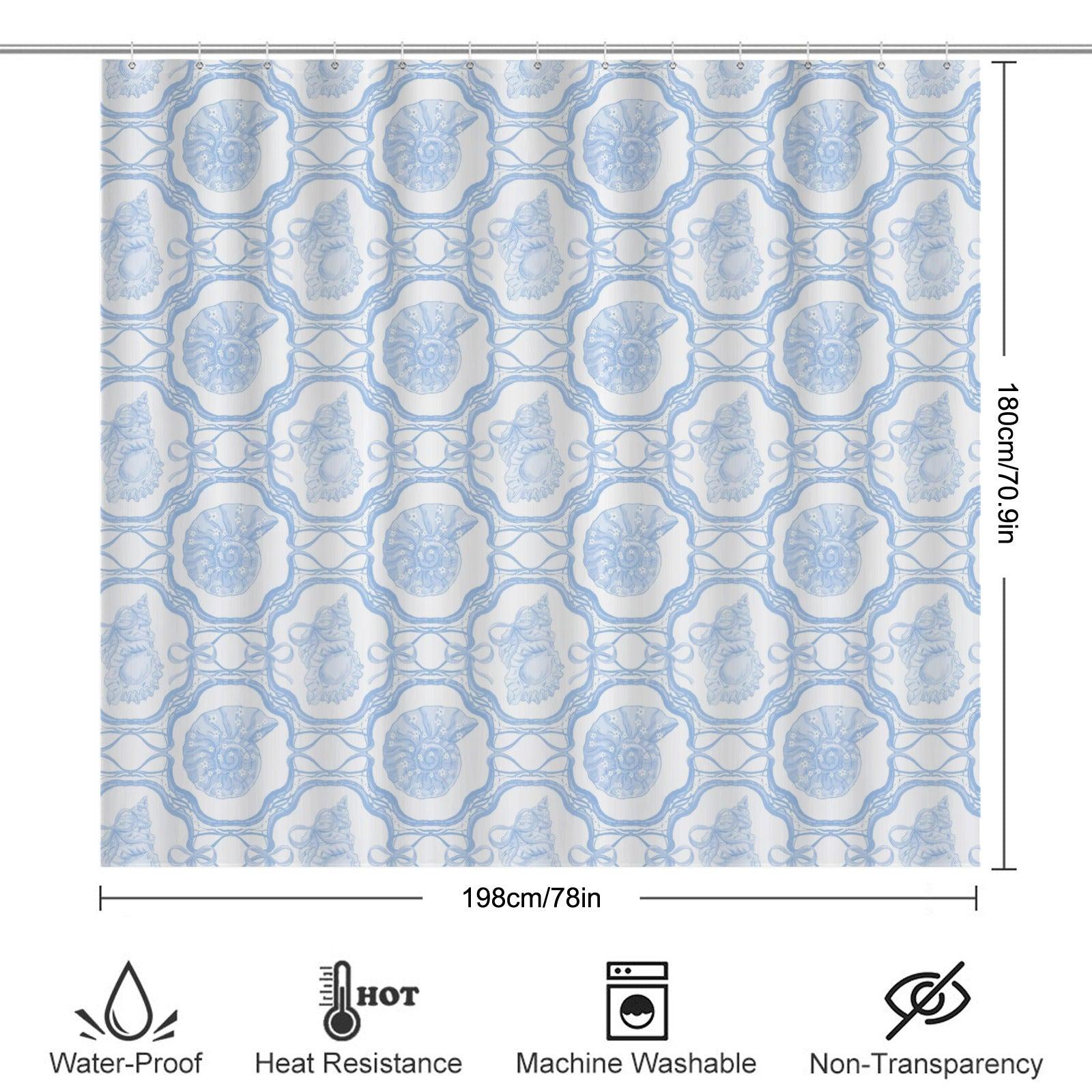Blue Seashell Shower Curtain, Coastal Lattice Bathroom Decor, Bow Pattern Bath Curtain