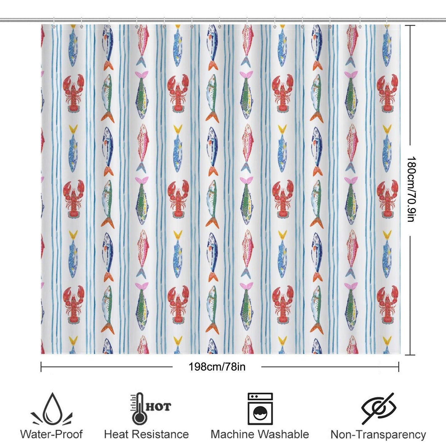 Coastal Fish Shower Curtain, Watercolor Seafood Bathroom Decor, Nautical Stripe Ocean Bath Accent