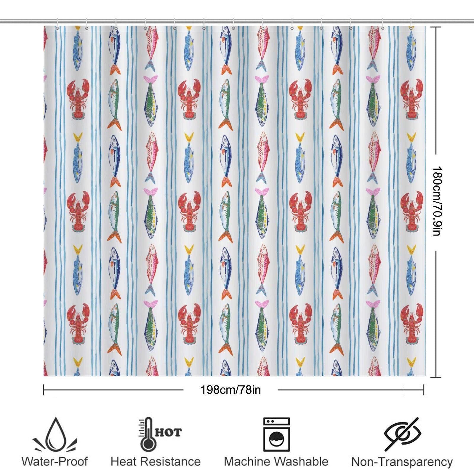 Coastal Fish Shower Curtain, Watercolor Seafood Bathroom Decor, Nautical Stripe Ocean Bath Accent