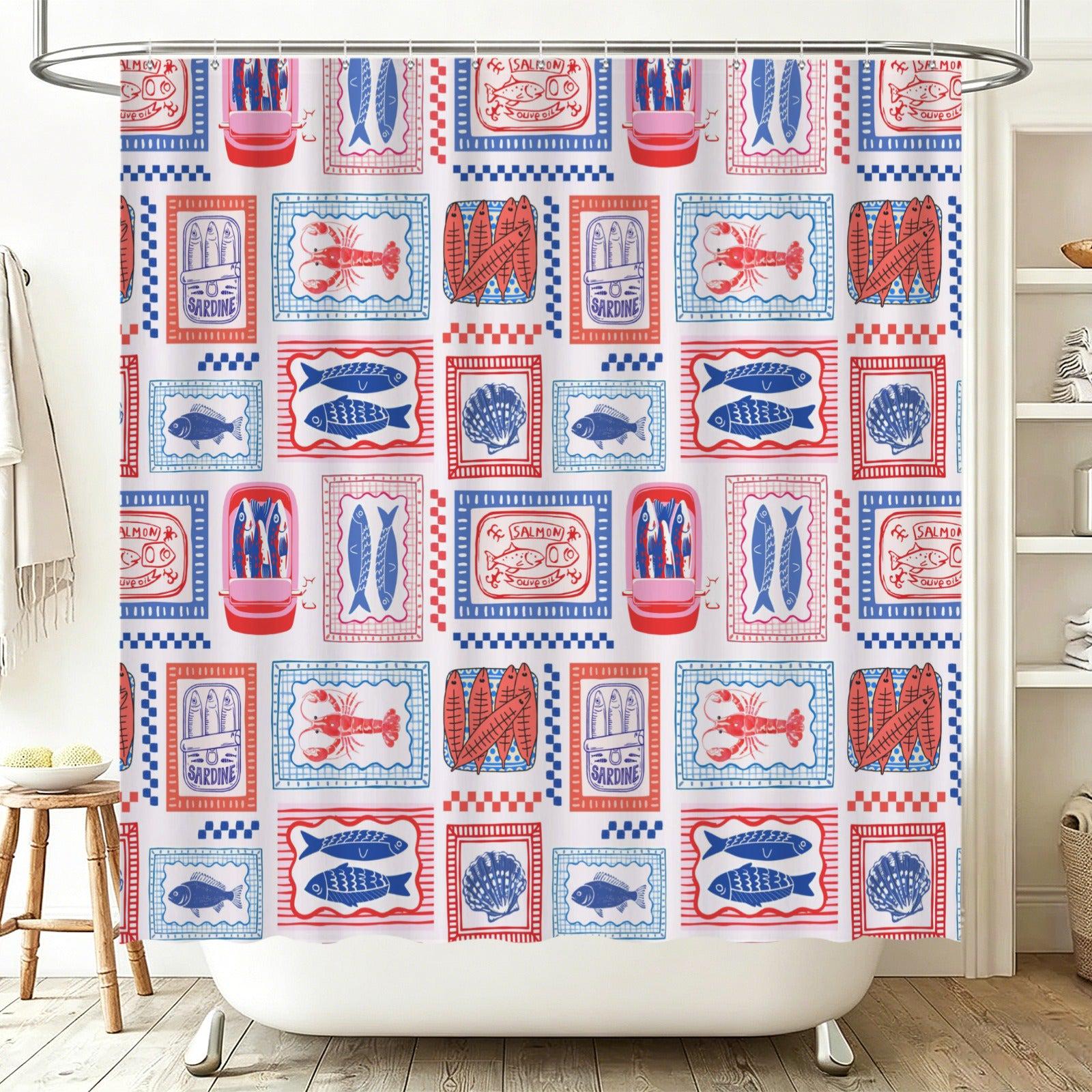 Tinned Fish Shower Curtain, Retro Seafood Market Bathroom Decor, Sardine Lobster Print