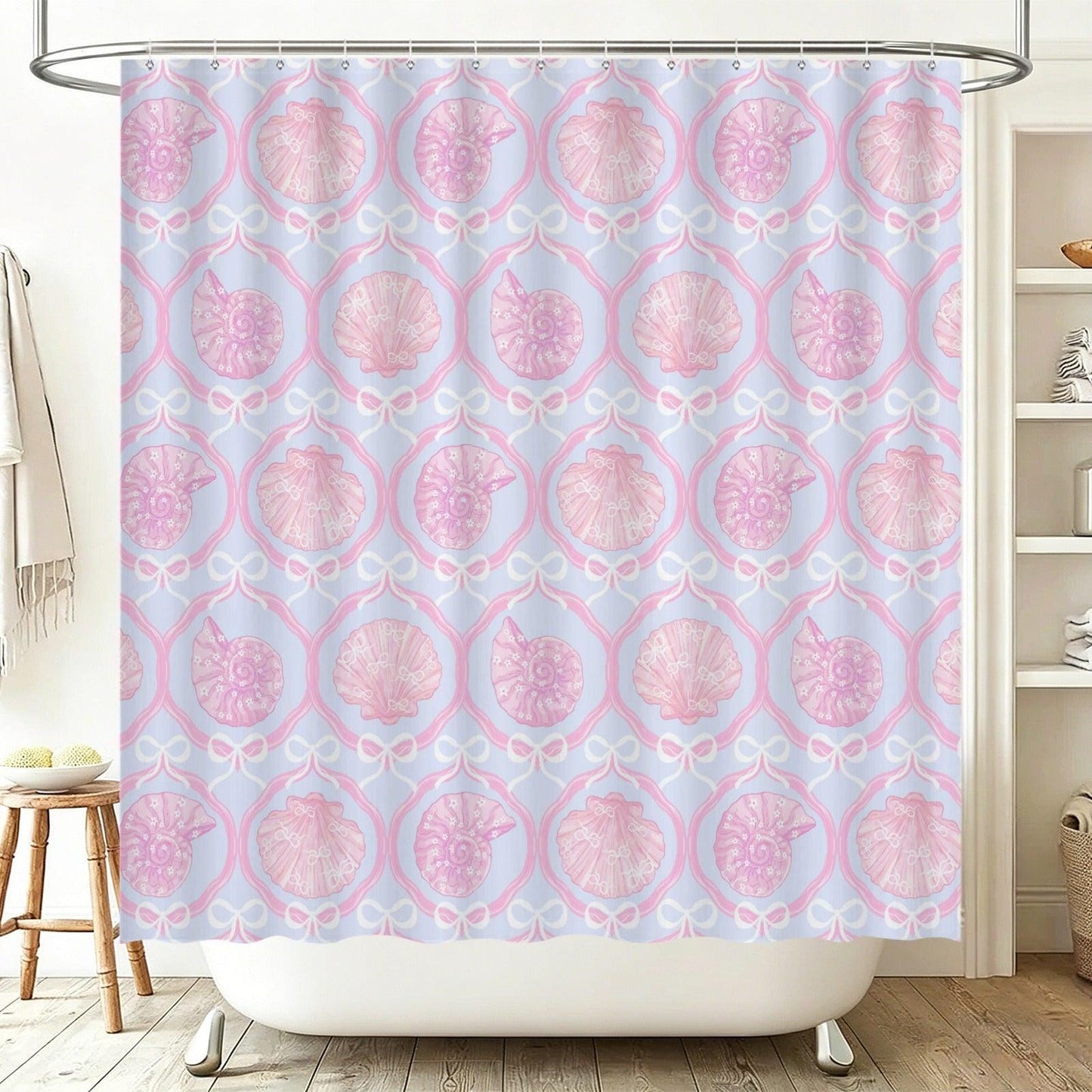 Pink Seashell Shower Curtain, Coquette Bow Pastel Coastal Bath Decor