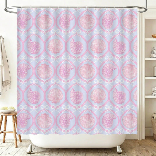 Pink Seashell Shower Curtain, Coquette Bow Pastel Coastal Bath Decor