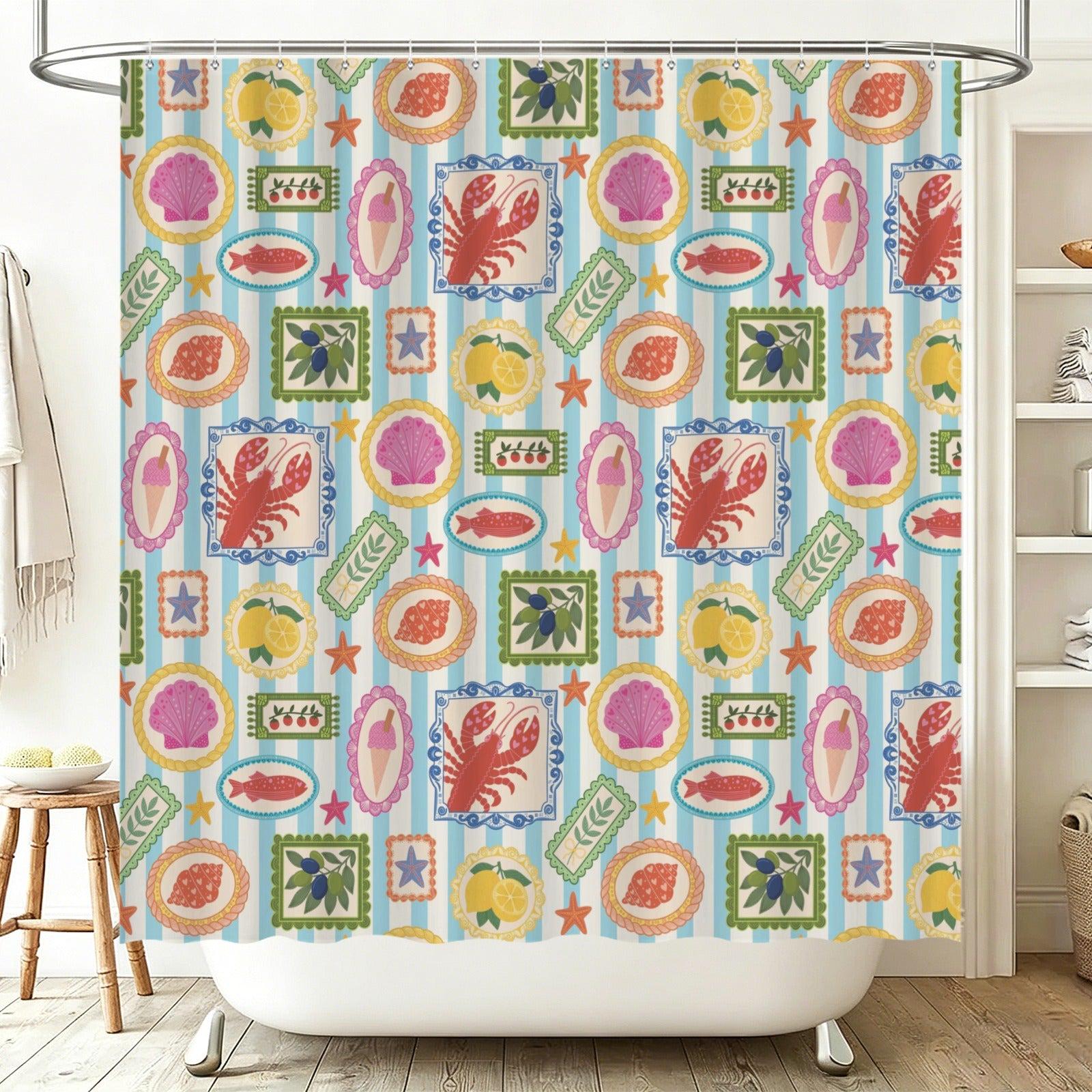 Italian Coastal Shower Curtain, Lobster Lemon Shell Mediterranean Tile Bath Decor