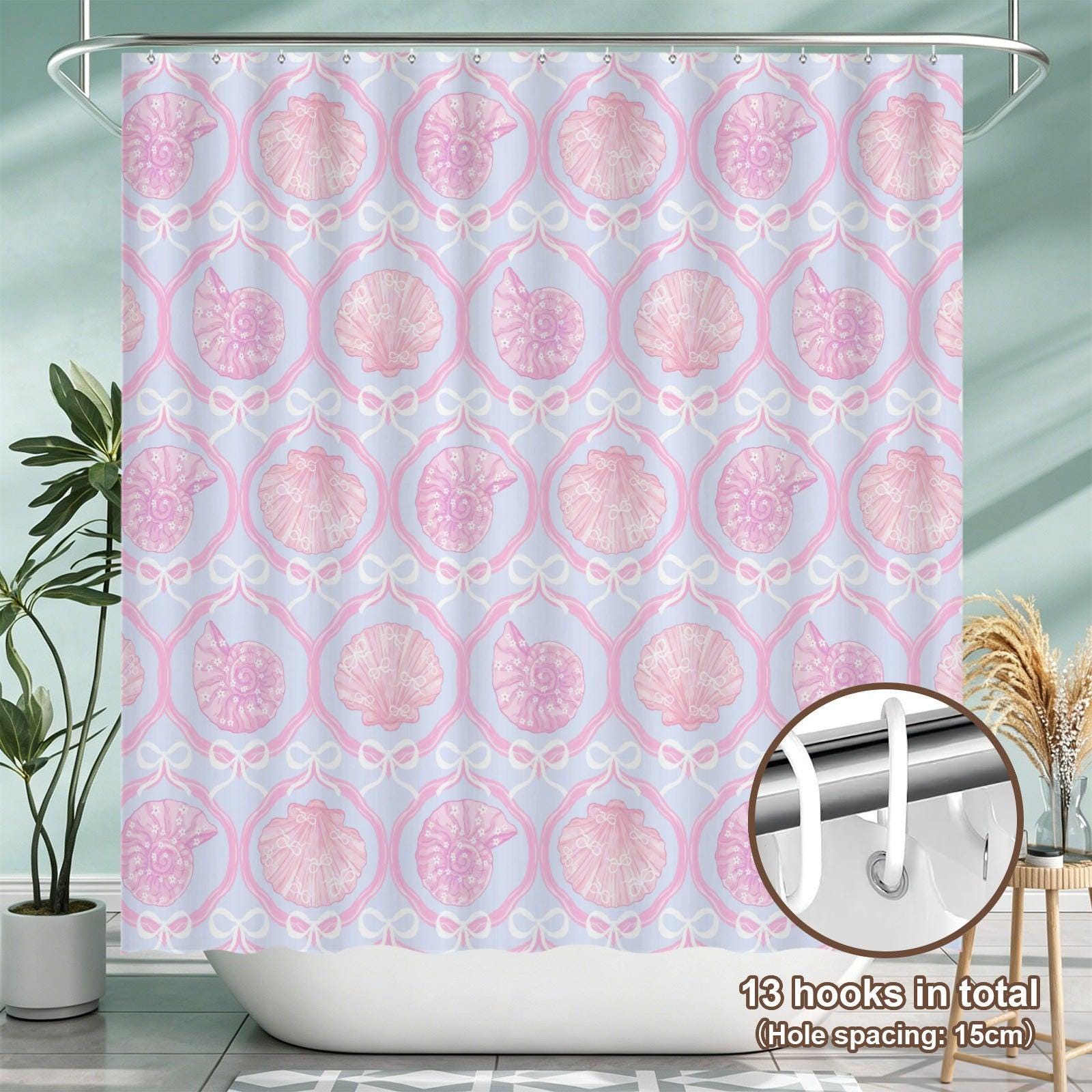 Pink Seashell Shower Curtain, Coquette Bow Pastel Coastal Bath Decor