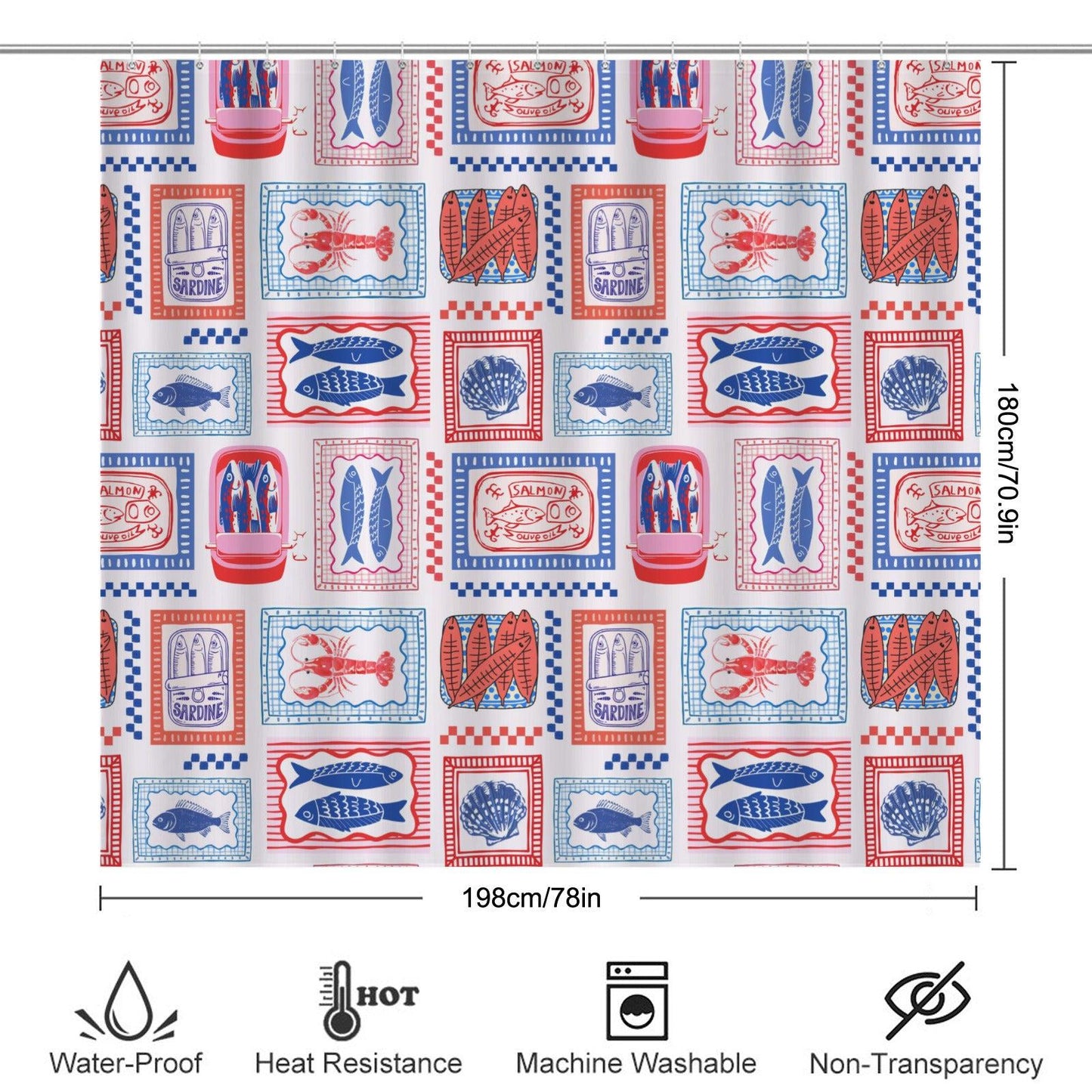 Tinned Fish Shower Curtain, Retro Seafood Market Bathroom Decor, Sardine Lobster Print