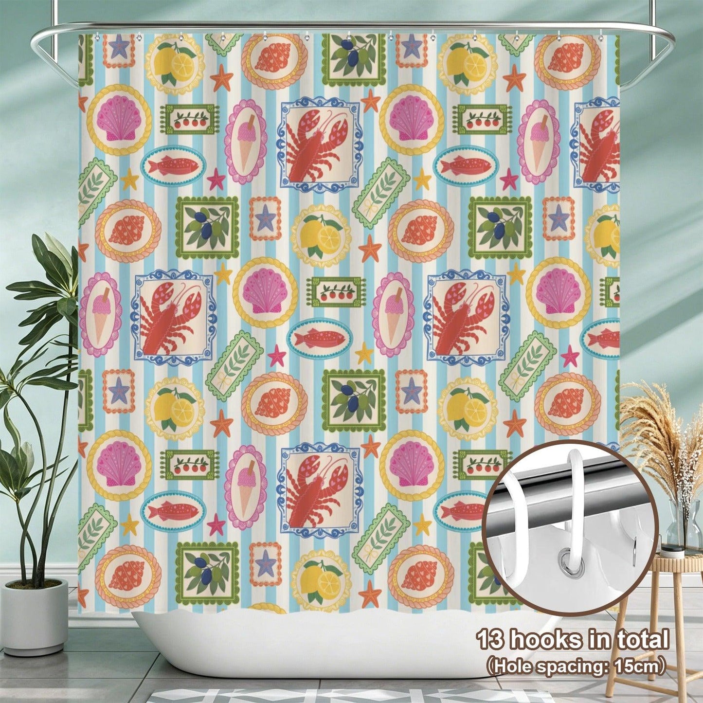 Italian Coastal Shower Curtain, Lobster Lemon Shell Mediterranean Tile Bath Decor