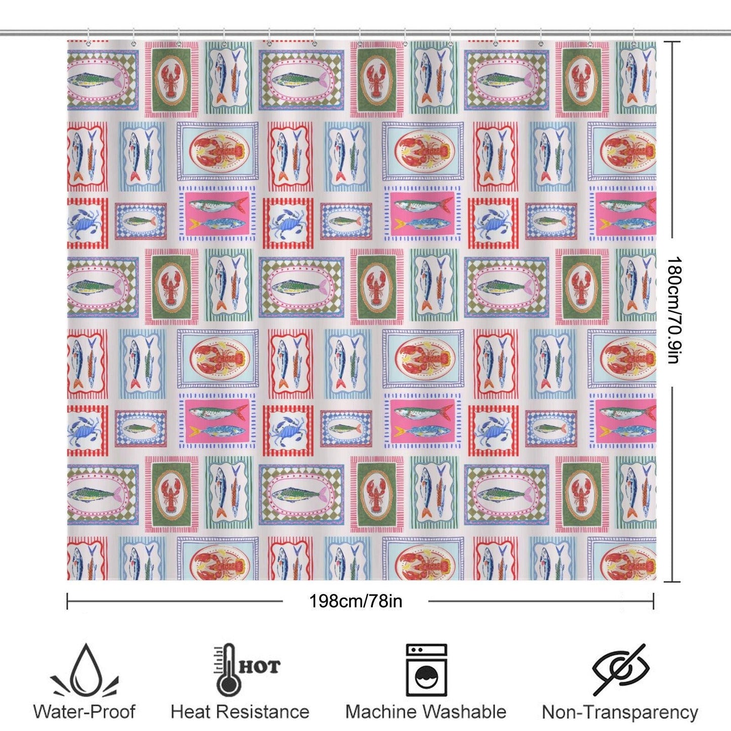 Seafood Tile Shower Curtain, Colorful Coastal Bathroom Decor, Fish Lobster Crab Bath Accent