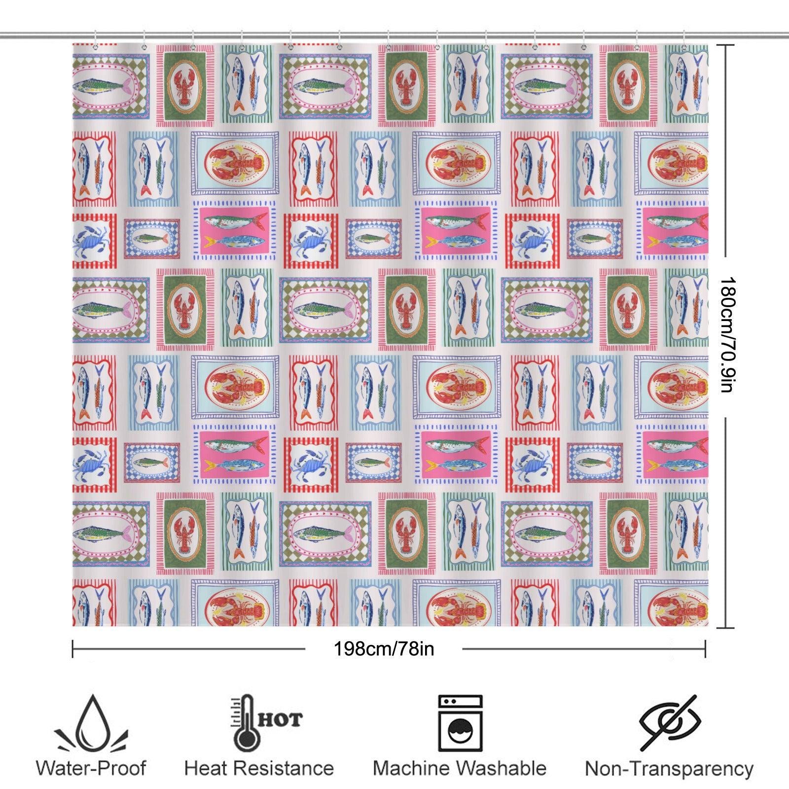 Seafood Tile Shower Curtain, Colorful Coastal Bathroom Decor, Fish Lobster Crab Bath Accent