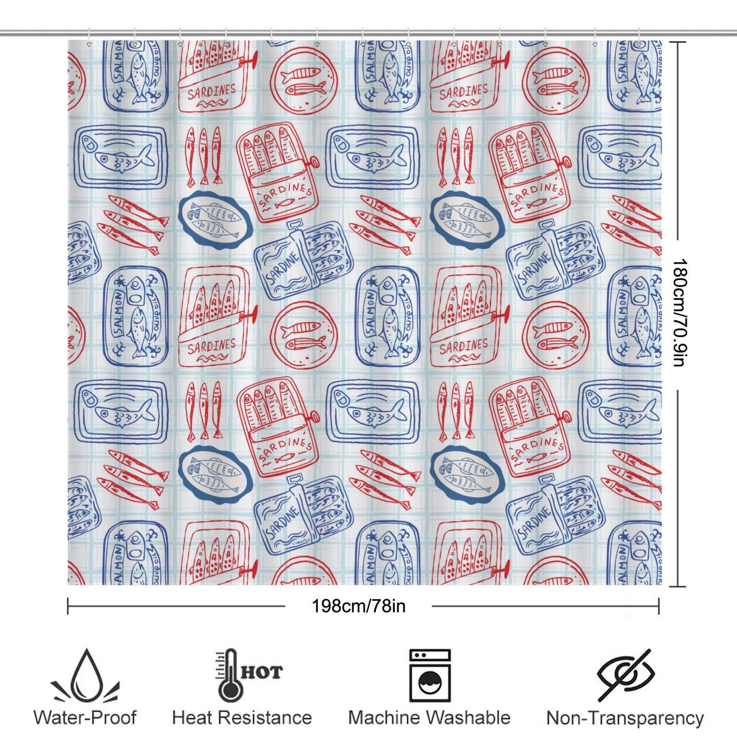 Tinned Fish Shower Curtain, Retro Seafood Bath Decor, Red Blue Coastal Print
