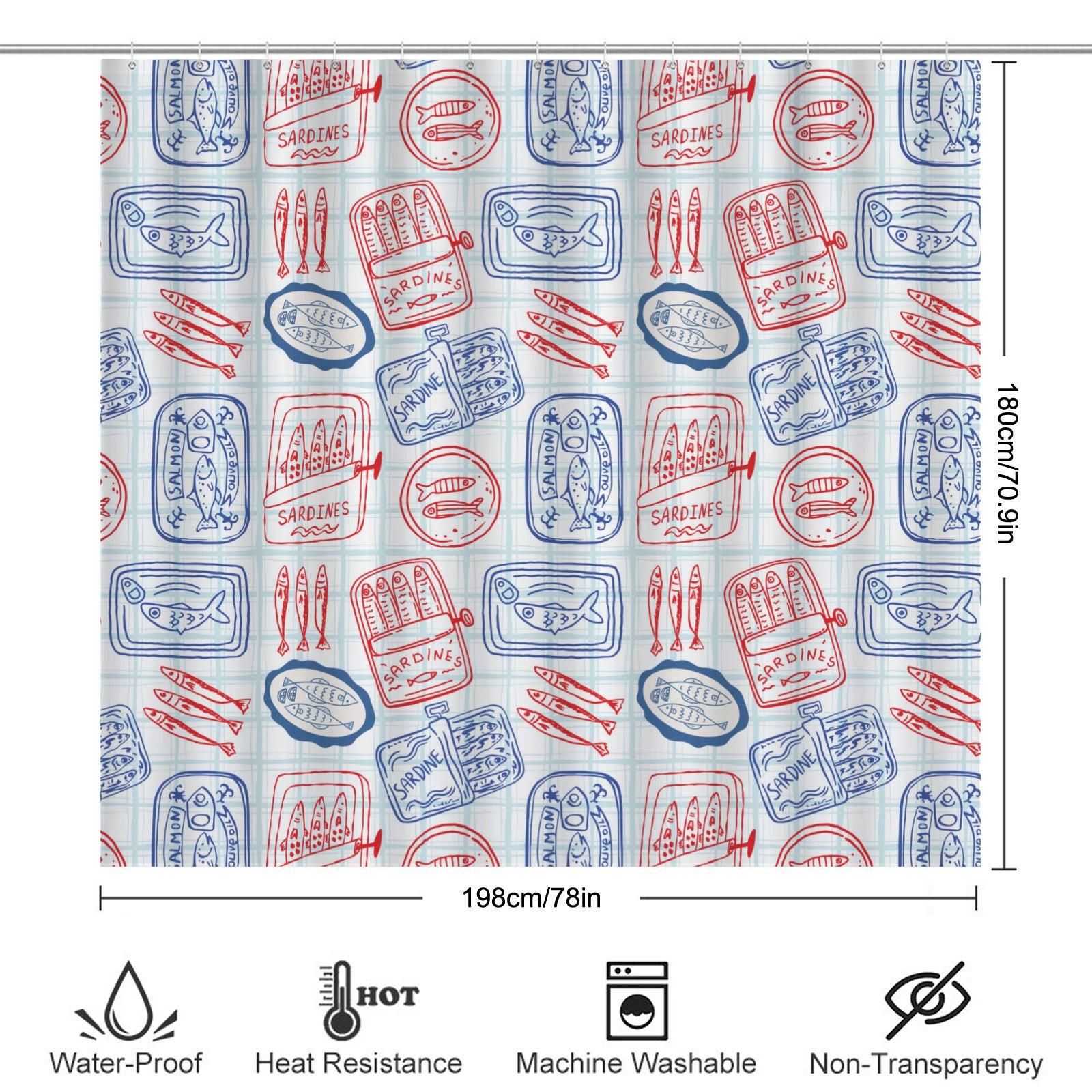 Tinned Fish Shower Curtain, Retro Seafood Bath Decor, Red Blue Coastal Print