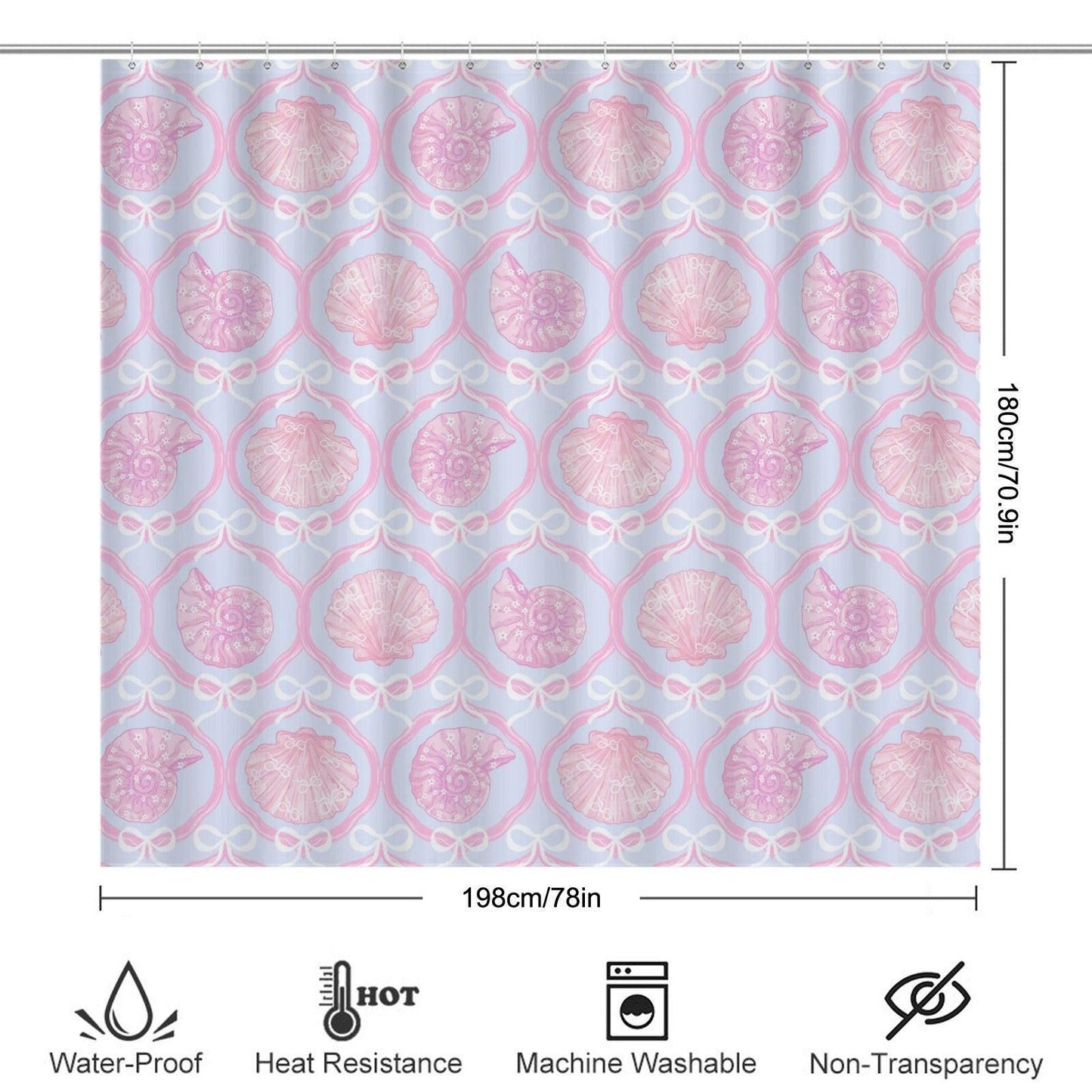 Pink Seashell Shower Curtain, Coquette Bow Pastel Coastal Bath Decor