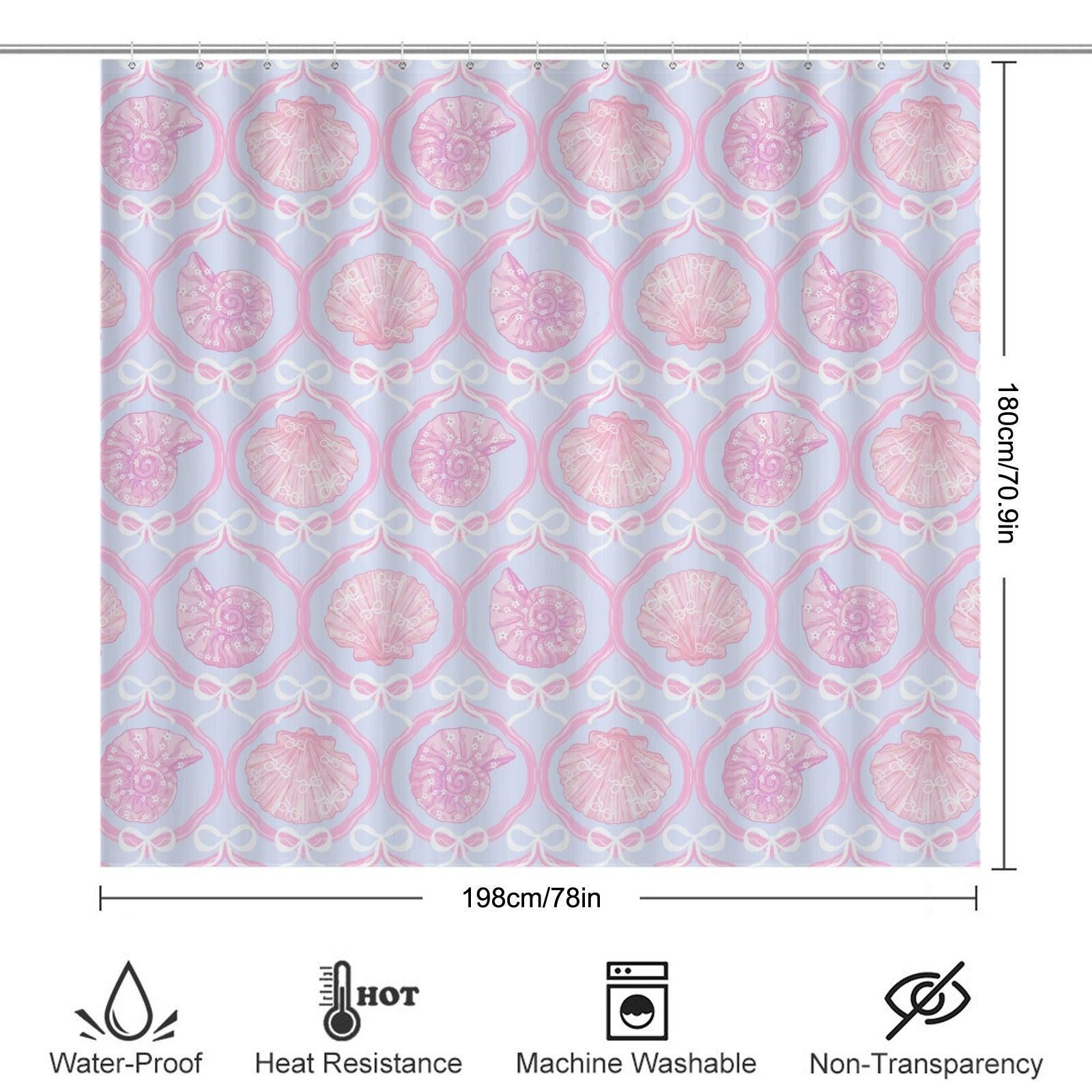 Pink Seashell Shower Curtain, Coquette Bow Pastel Coastal Bath Decor